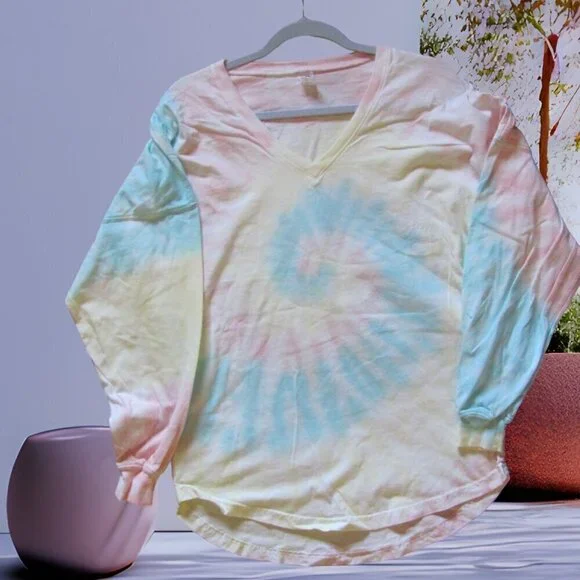 SPIRIT JERSEY UNISEX LONG SLEEVE TIE DYED V NECK TSHIRT - Picture 1 of 4